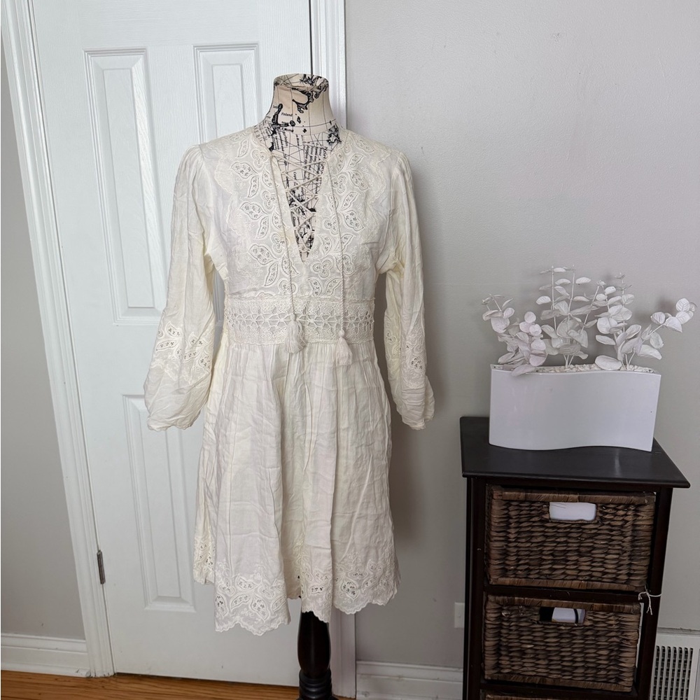 Caroline Constas eyelet embroidery tie tassel Ivory long sleeve cottage dress S